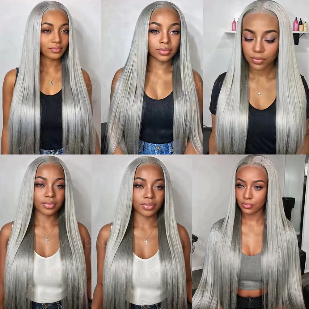 Maycaur 30 Inch Grey Hair Synthetic Lace Front Wigs Light Yaki Glueless HD Lace Wigs Natural Hairline Pre-Plucked Silver Gray Long Straight Wigs for Black Women