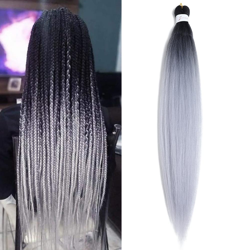 Pre Stretched Braiding Hair 26 Inch Ombre Red Kanekalon Braiding Hair Extensions Hot Water Setting Crochet Box Braids Hair (26 Inch (Pack of 1), Black-Silver Grey)