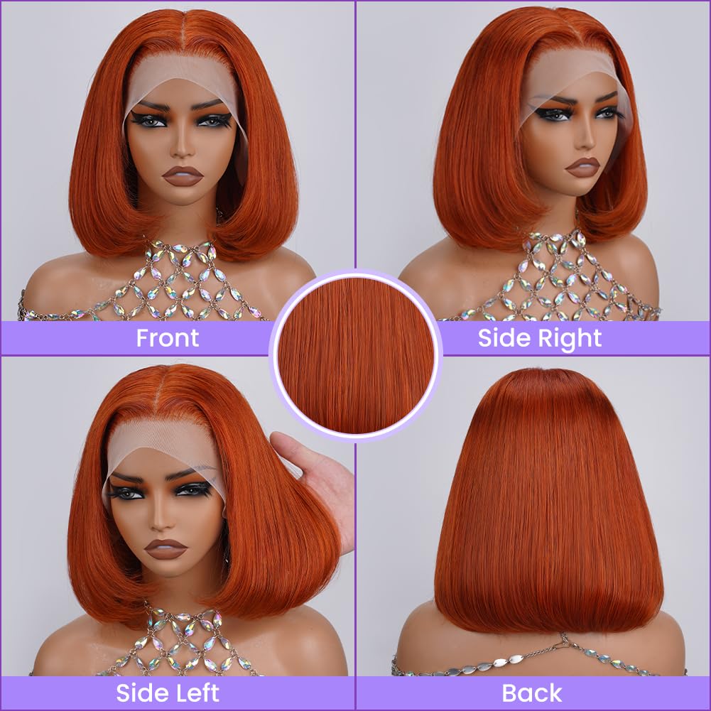 350 Ginger Bob Wig Human Hair 13x4 HD Transparent Lace Front Wigs Pre Plucked Natural Hairline Straight Bob Wig for Black Women Short Orange Ginger with Baby Hair 180% Density Brazilian Hair 14Inch