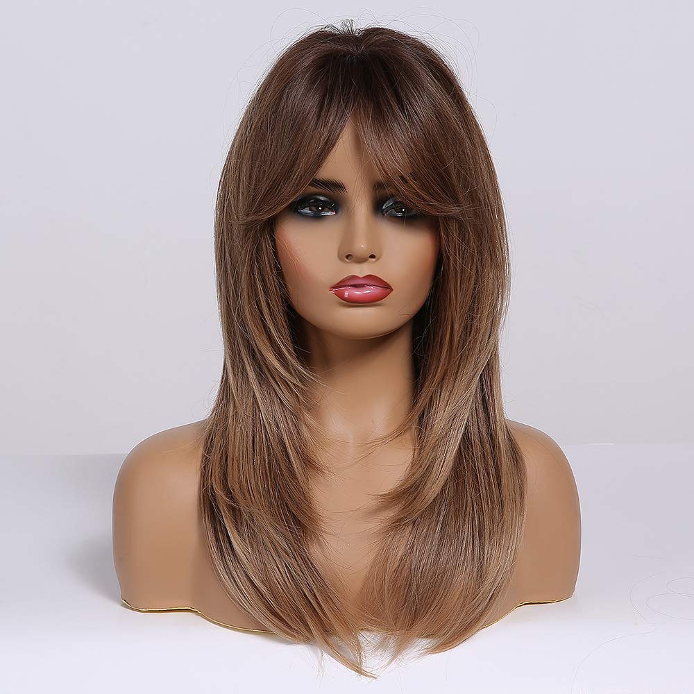 Tumhorn Long Ombre Brown Wigs with Bangs for Women Synthetic Hair Wig Natural Looking Heat Resistant Wavy Wigs
