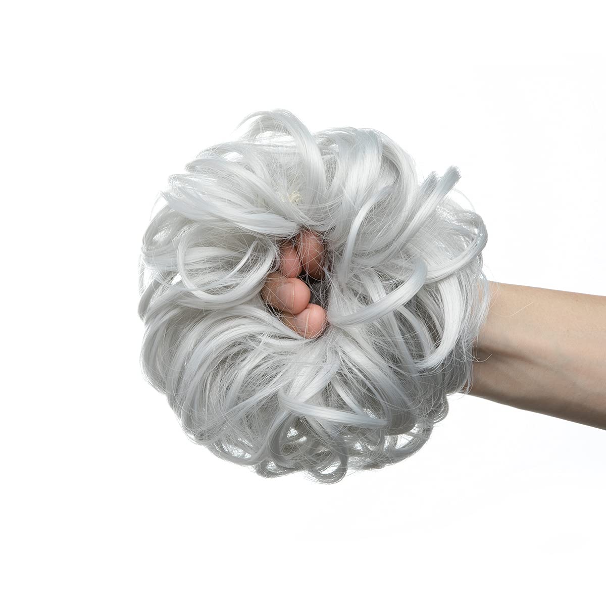 CJL HAIR Large Messy Bun Hair Piece Wavy Curly Scrunchies Synthetic Chignon Ponytail Hair Extensions Thick Updo Hairpieces for Women (Light Silver Grey)