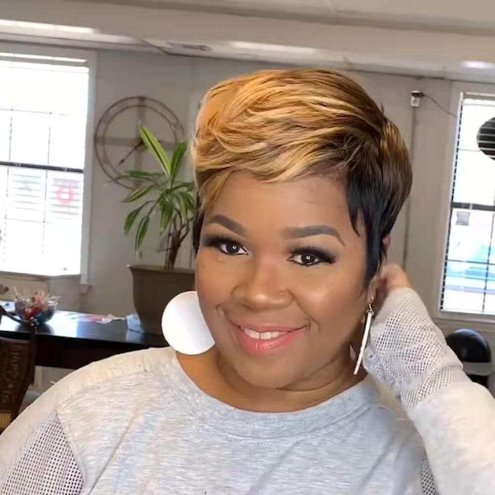 LEOSA Ombre Short Bob Pixie Cut Wig with Bangs for Black Women,Pixie Cut Side Part Wig Black Mixed Brown Highlight Color Wigs with Side Bangs Natural Straight Synthetic Cute Wigs Brown Bob Wig