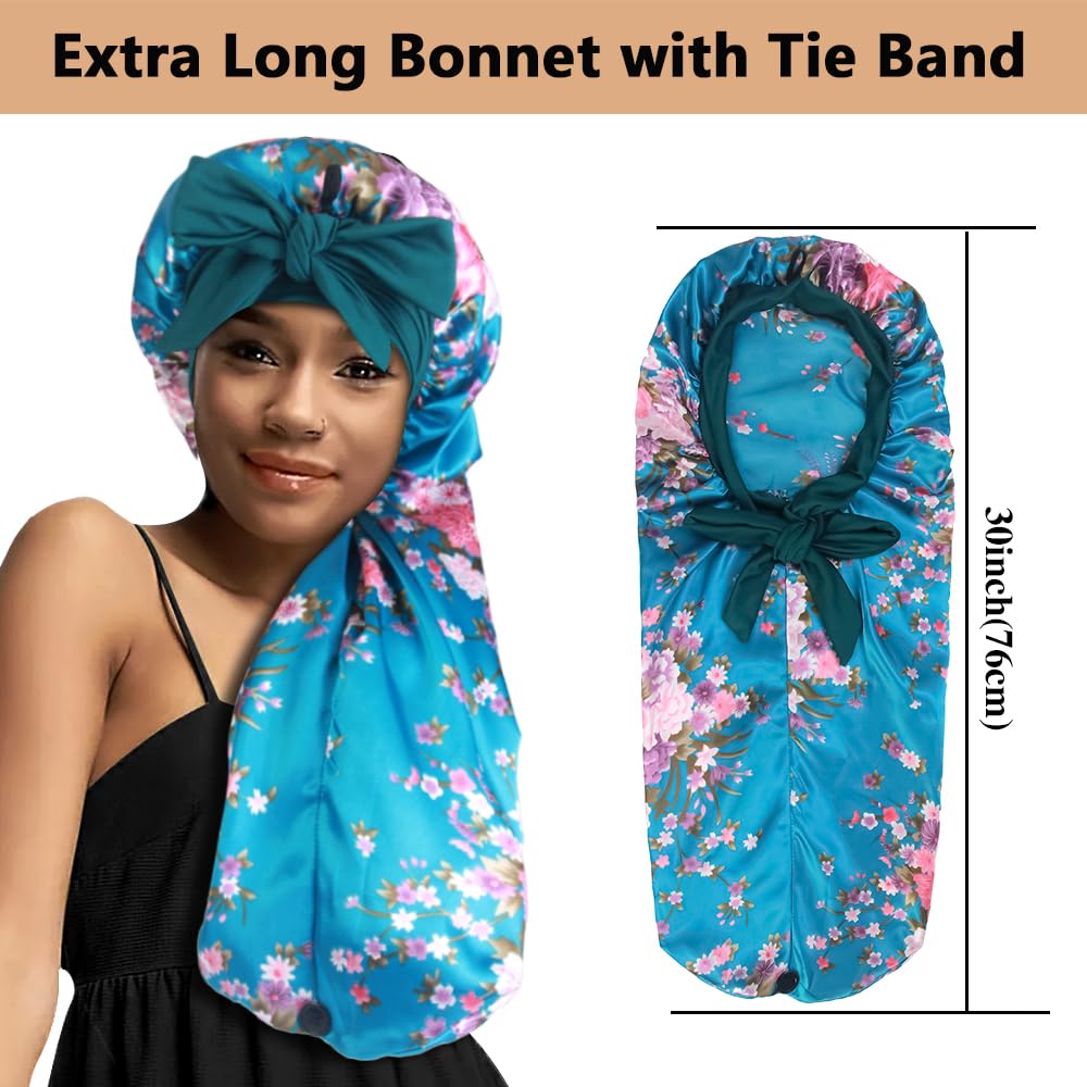 2pcs Long Satin Bonnets with Tie Band, Large Braid Bonnet Silky Hair Cap for Locs Women Sleeping, J