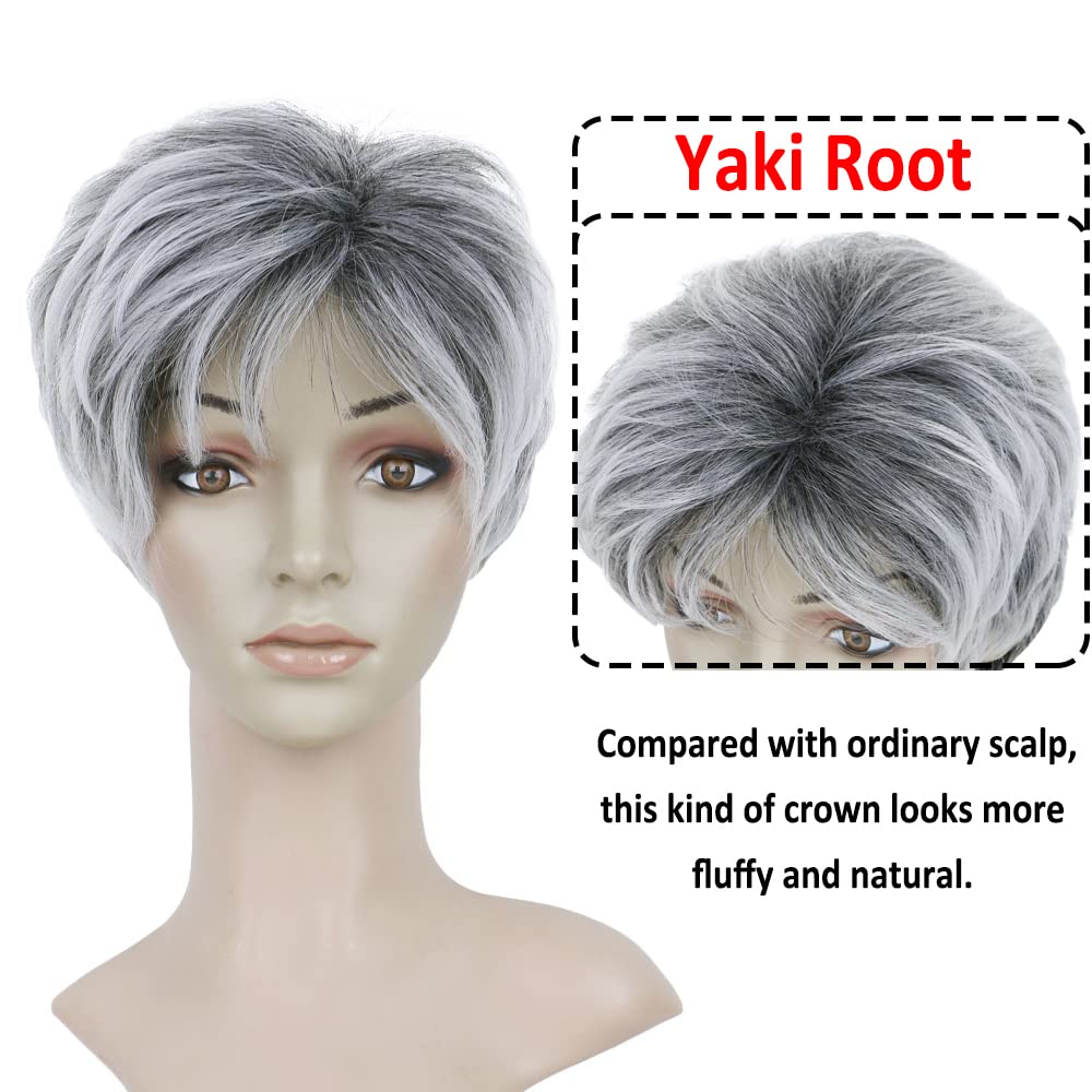 BECUS Short Gray Wigs with Bangs Sliver Gray Wigs Pixie Cut Layered for Women Synthetic with Free Wig Cap(Grey Mix Black)