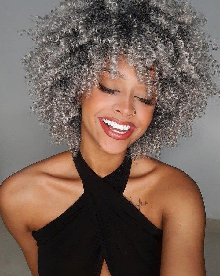ANNISOUL 10Inch Short Curly Afro Wigs for Black Women Bomb Afro Kinky Curly Wig with Bangs Synthetic Fiber Full Wig(Ombre Grey)