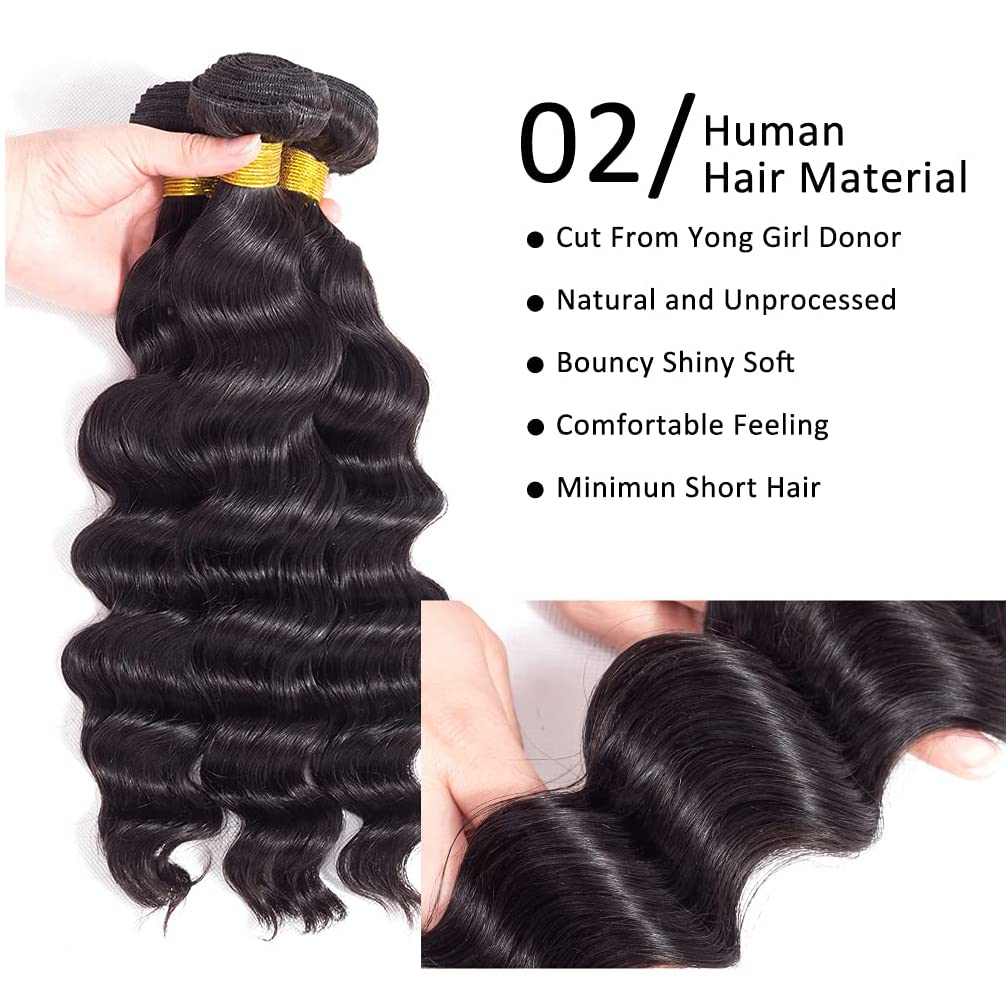 Loose Deep Wave Bundles 26 28 30 Unprocessed Virgin Brazilian Remy Deep Wave Human Hair Bundles Loose Deep Bundles for Black Women Free Part Soft and Bouncy Hair Extensions Natural Color
