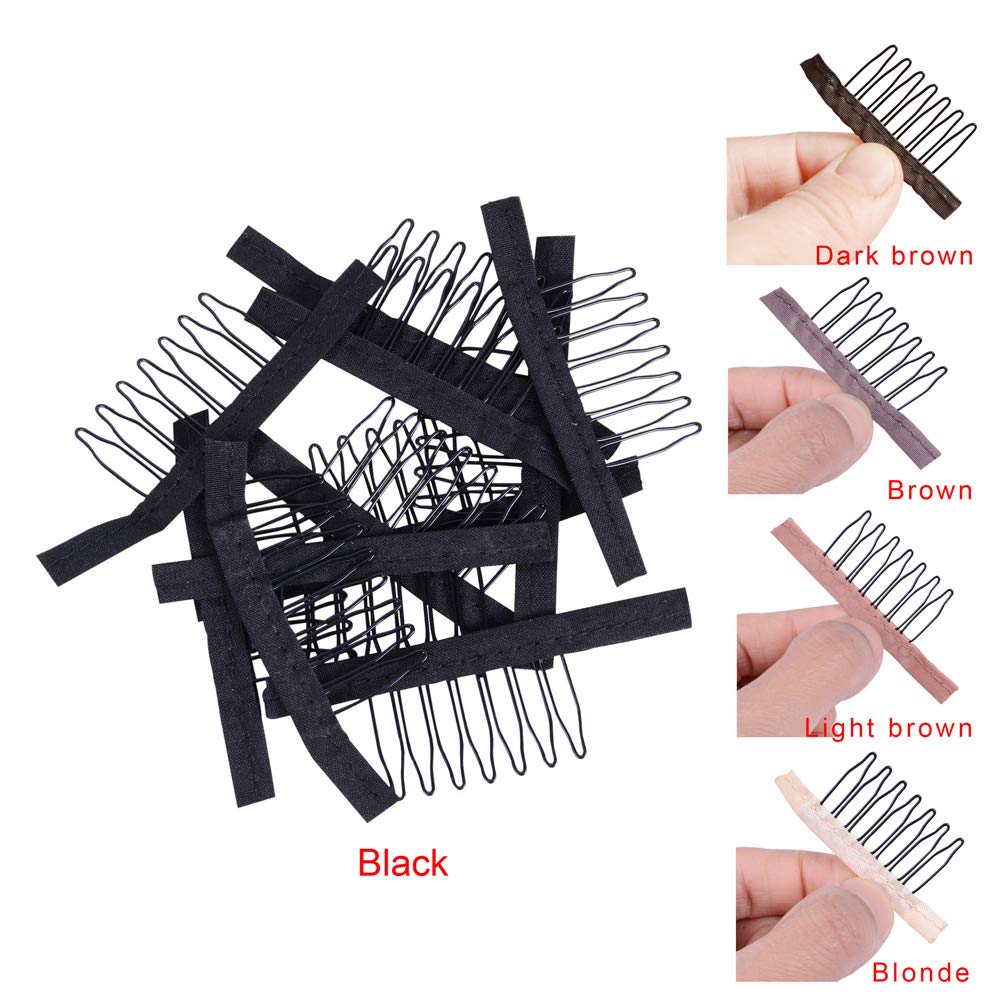 24 pcs/lot Wig Combs for Making Wig Caps 7-teeth Wig Clips Steel Teeth with Cloth Wig Combs for Hairpiece Caps Wig Accessories Tools Wig Clips for Wig (Black)