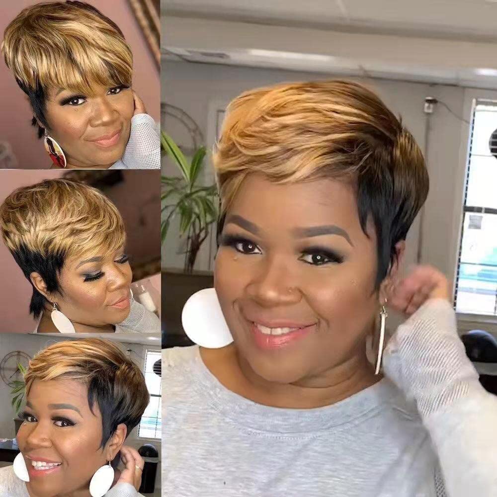 LEOSA Ombre Short Bob Pixie Cut Wig with Bangs for Black Women,Pixie Cut Side Part Wig Black Mixed Brown Highlight Color Wigs with Side Bangs Natural Straight Synthetic Cute Wigs Brown Bob Wig