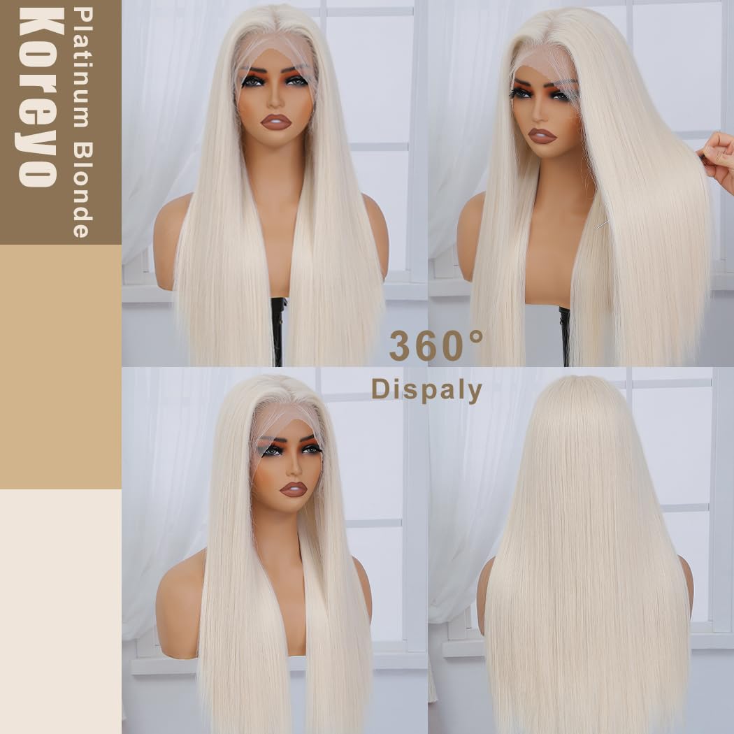 Koreyo Lace Front Wig Pre Plucked 13x4 HD Glueless Honey Blonde Lace Front Wig for Women Natural Looking Synthetic Heat Resistant Fiber Lace Wig (26 Inch) (Platinum Blonde)