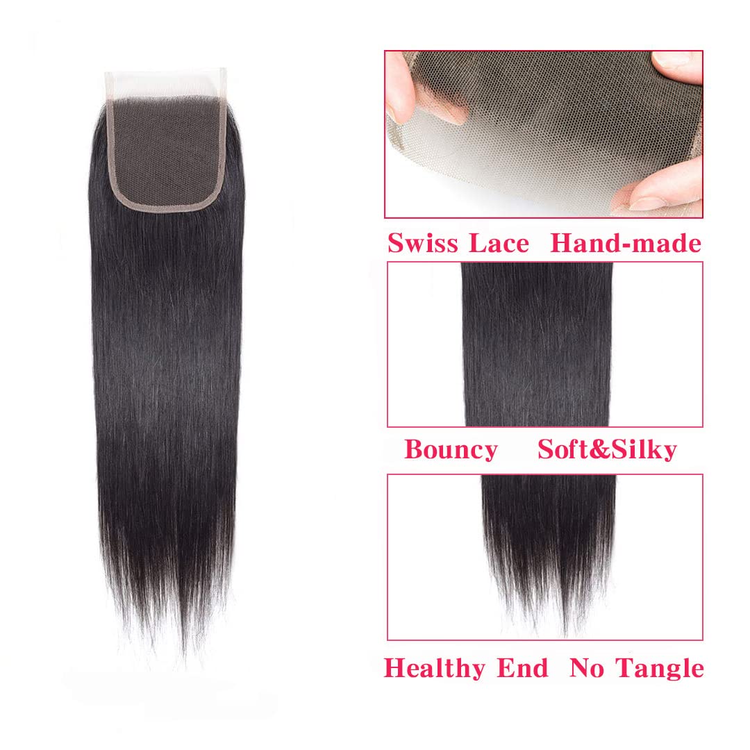 Lace Closure Straight Closure Human Hair Lace Closure Brazilian 12A Unprocessed Straight Hair 4x4 HD Lace Closure Free Part Natural Black Color(8") … …