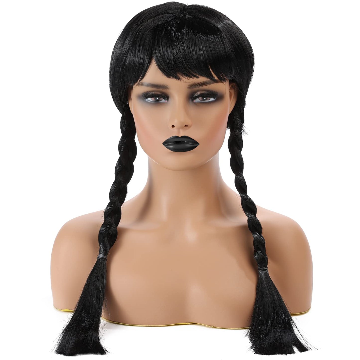 WanBigVa Long Black Braided Wig with Bang for Kids Girls Gothic Party Cosplay Hair for Halloween Costume Dress-up