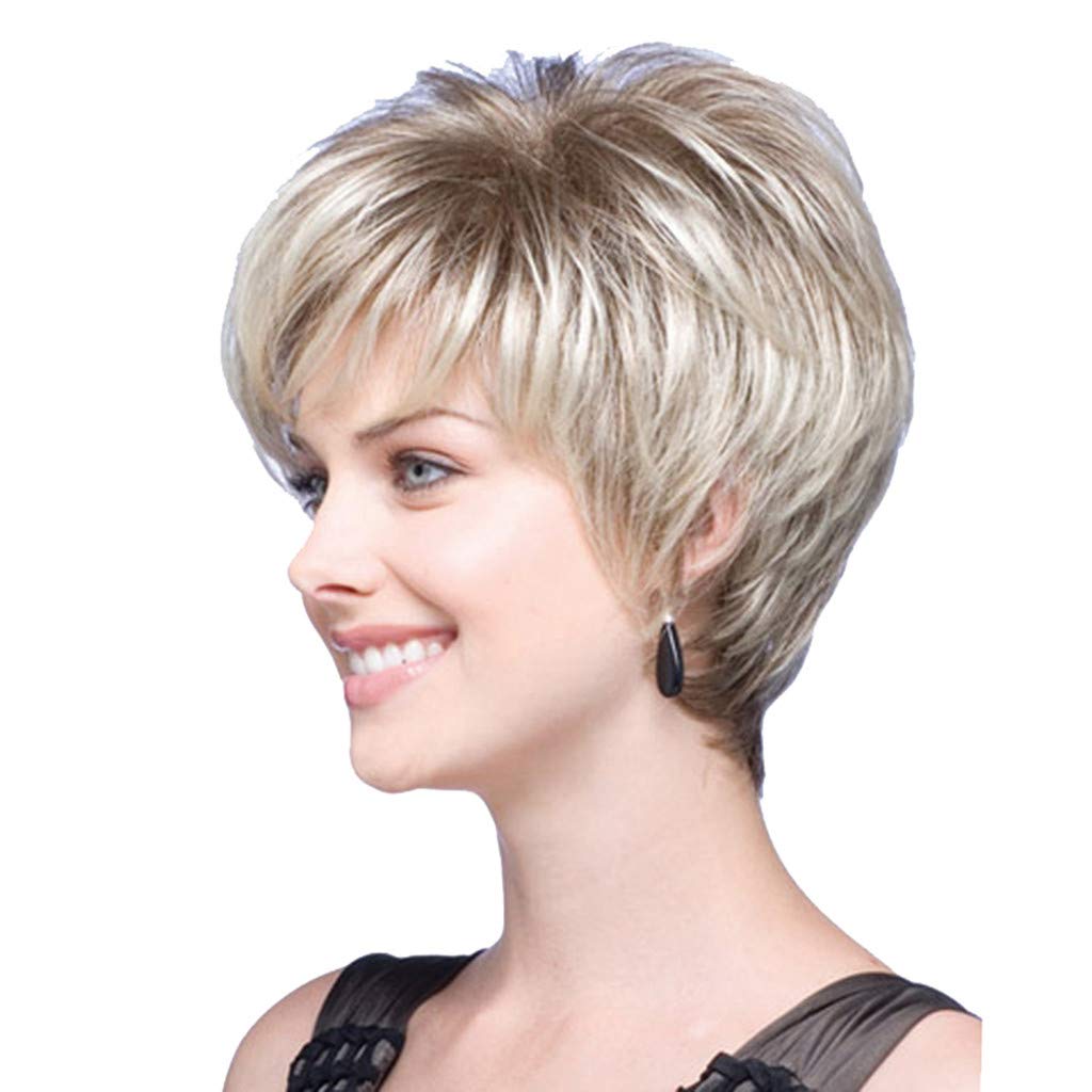dumanfs Women Natural Short Wavy White Gradient Wig Rose Net Synthetic Curly Wigs