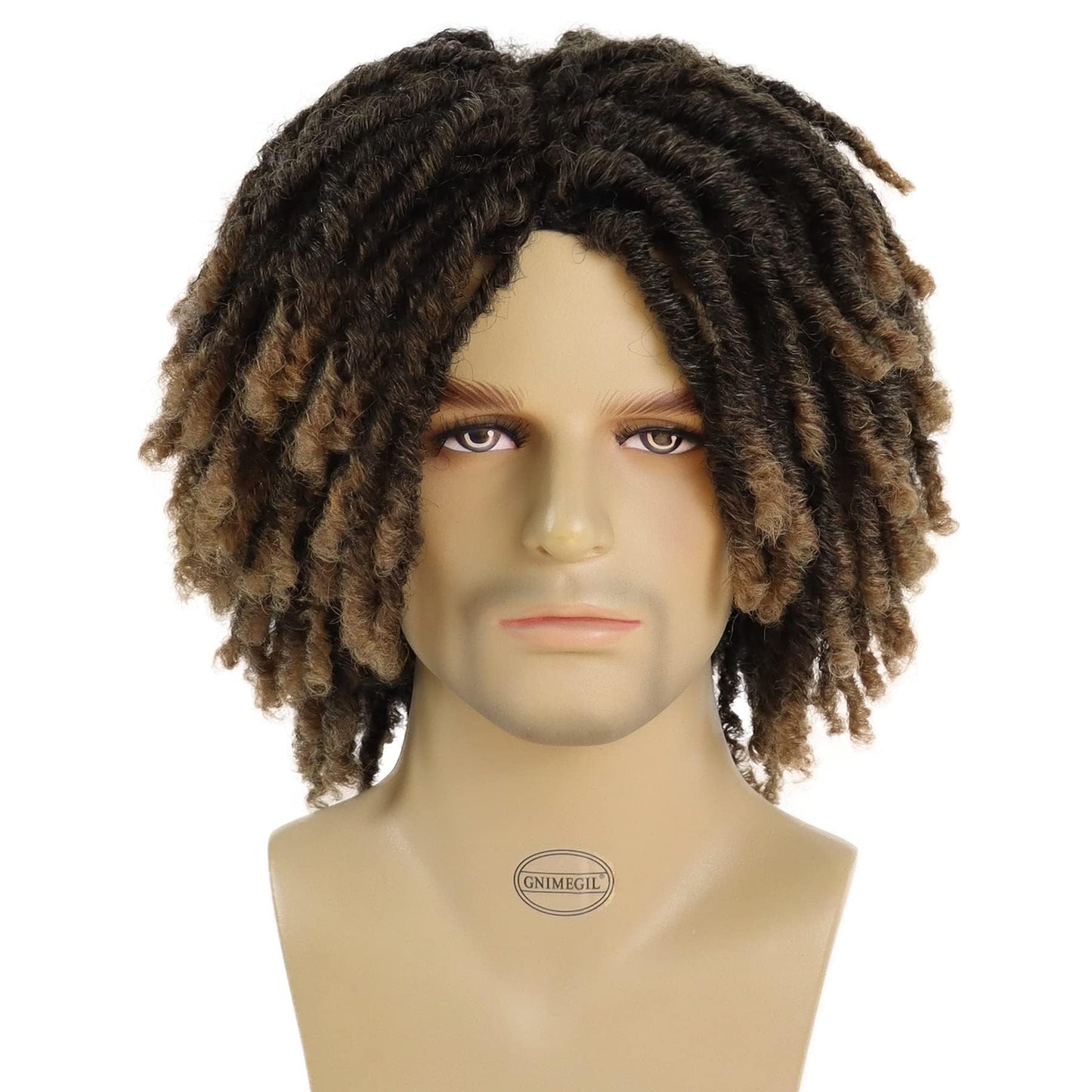 GNIMEGIL 14 Inch Short Dreadlocks Wig For Man Afro Bob Ombre Light Brown Crochet Twist Hair Braided Wigs Natural Synthetic Hair Breaking Street Dance Breathable Cap Net
