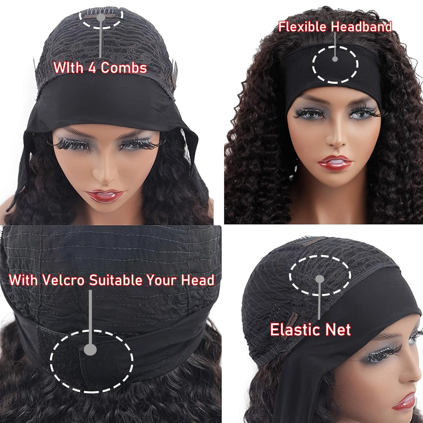 Headband Wig Human Hair Kinky Curly Headband Wigs for Black Women Human Hair Headband Wig Curly Human Hair Wigs Brazilian Virgin Hair Wear and Go Glueless Wig Natural Color 150% Density 14 Inch