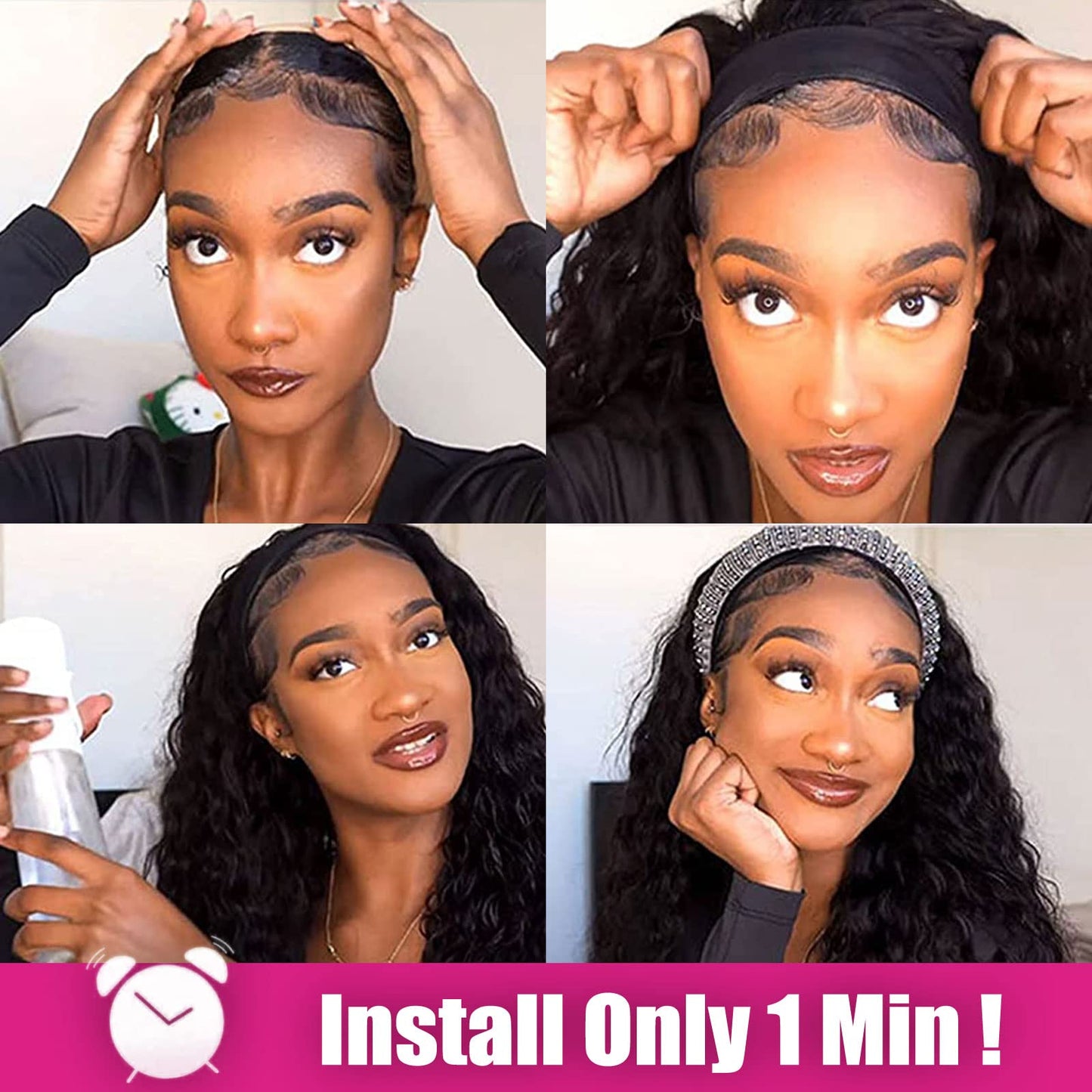 AISI QUEENS Headband Wig Human Hair For Black Women Jerry Curly Wigs Easy Wear Glueless Human Hair None Lace Front Wig Short Curly Headband Wigs (10 Inch, Curly Headband Wigs)