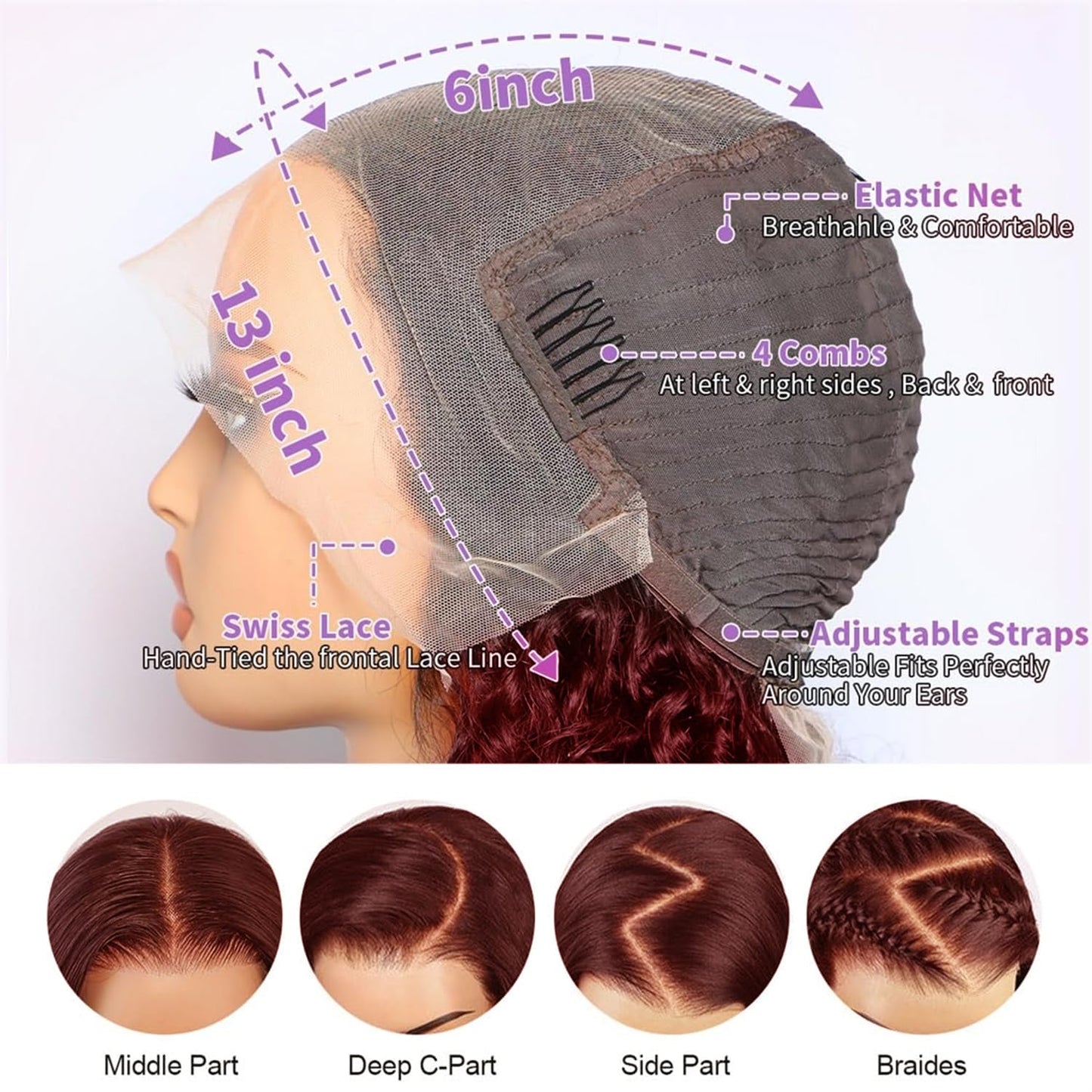 Punmasa 18 Inch Reddish Brown Curly Bob Wig Human Hair 13x6 Frontal Lace Wig 200% Density Lace Front Wigs Human Hair Pre Plucked Bob Wigs for Black Women 33#