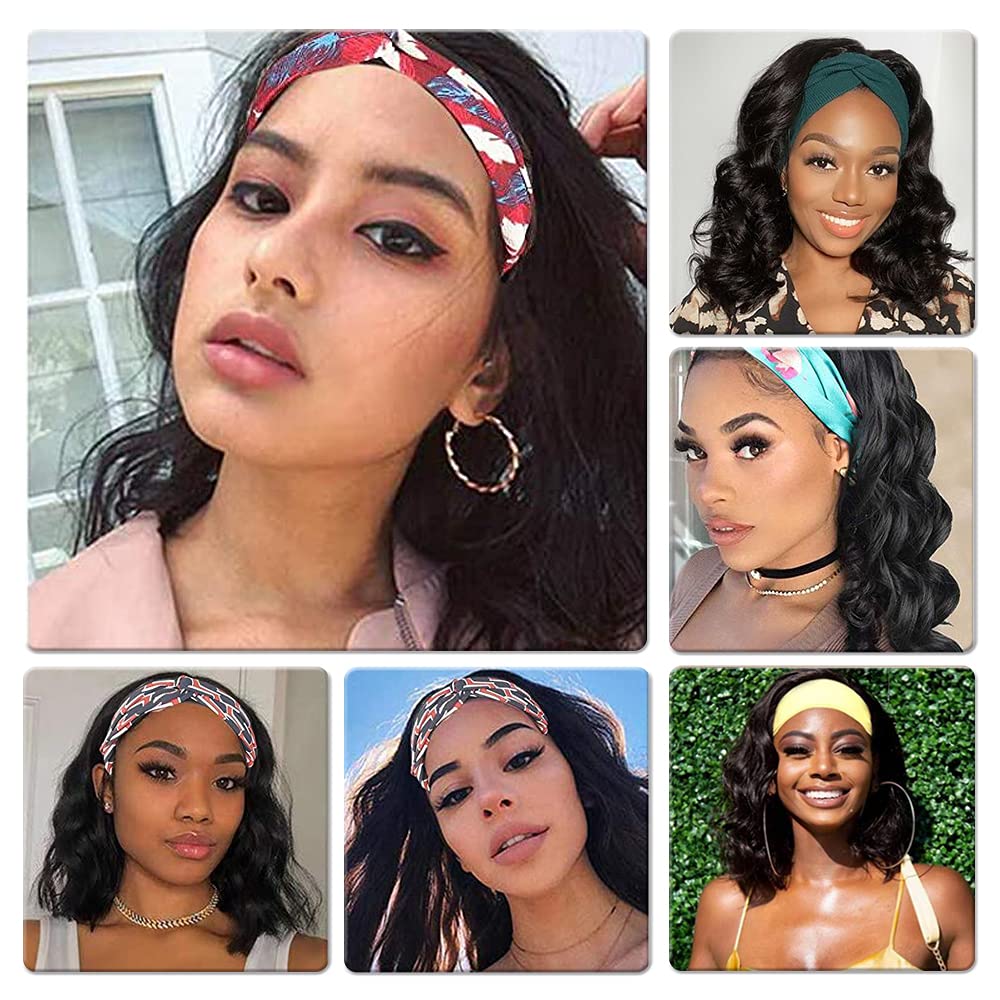 MORICA Headband Wig Short Wavy Wigs for Black Women Black Bob Wig Glueless Synthetic Shoulder Length Wigs 16 Inch Headwrap Wigs with Headband Attached