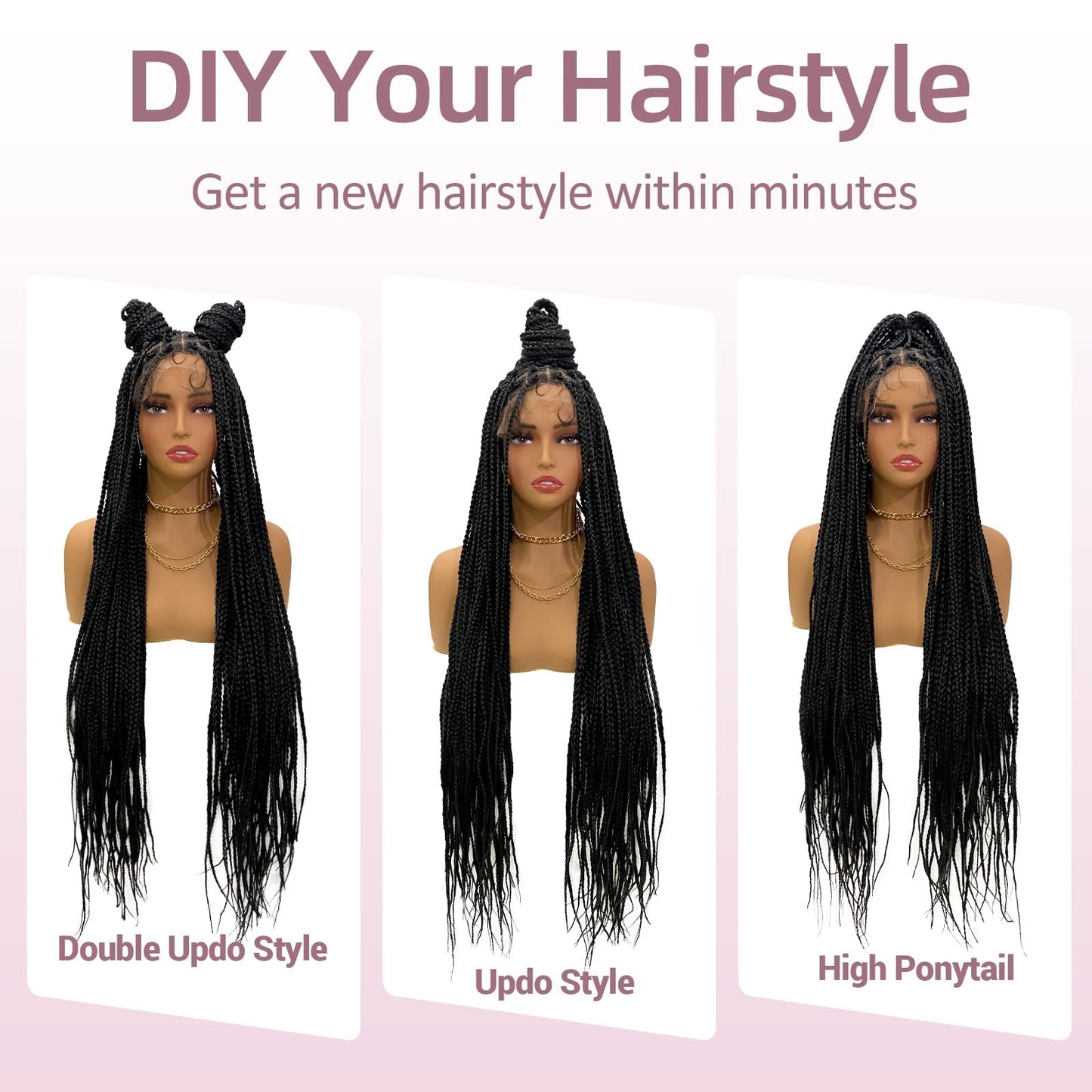 Janyuwool 36" Full Lace Knotless Braided Wigs Lace Frontal Box Braided Wigs for Black Women Human Hair Blended Full Double Lace Braid Wig with Baby Hair Braids Lace Front Wig for Women (Black)