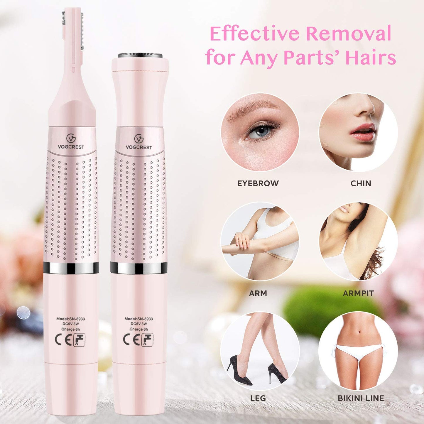 VG VOGCREST Women's Eyebrow Trimmer & Facial Hair Remover, 2 in 1, Double Rotating Blades, Safe, Painless, Hypoallergenic, Rechargeable, USB Charging