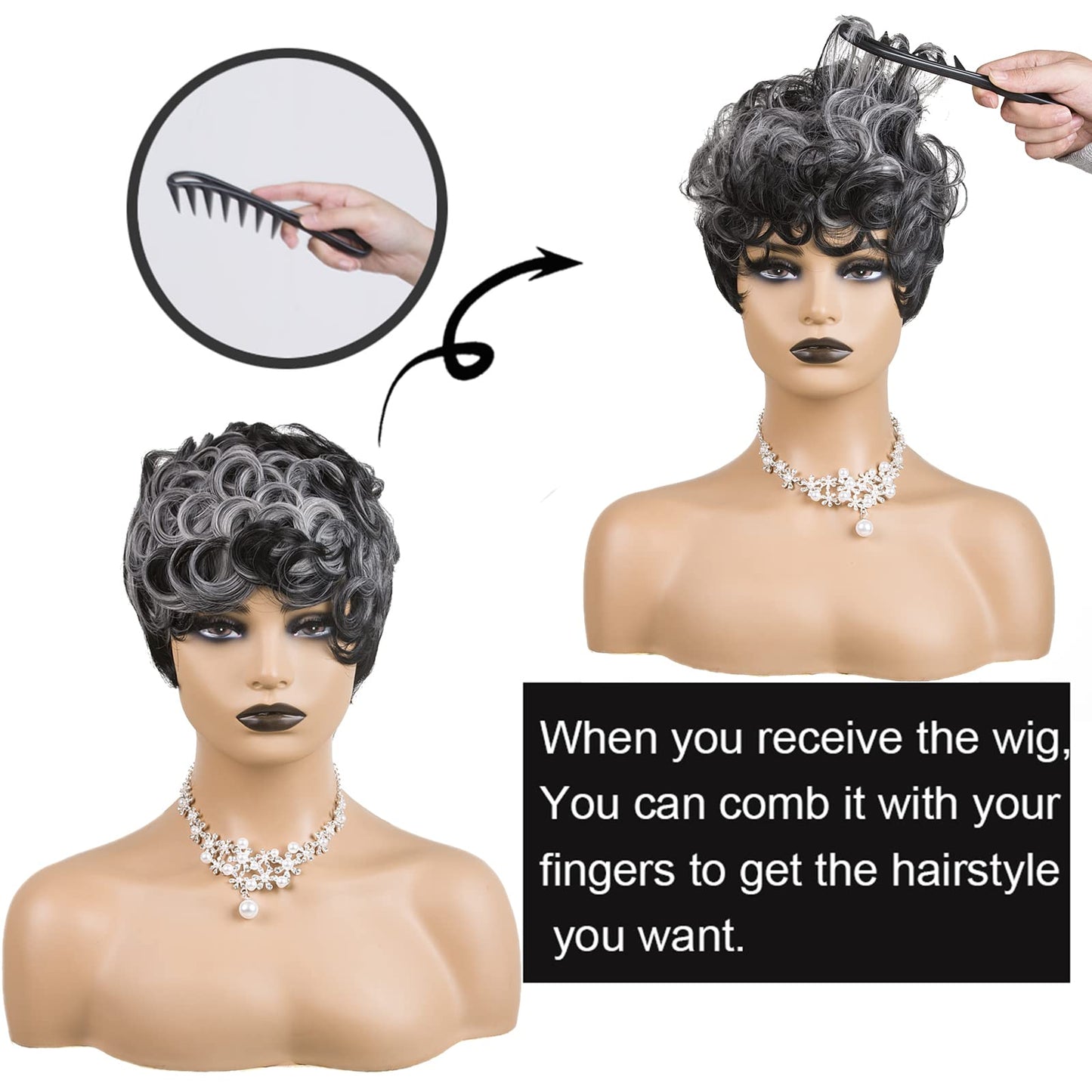 BOBCOO Pixie Cut Wig Short Wigs for Black Women Short Pixie cut Wigs for Black Women (Black & Grey)