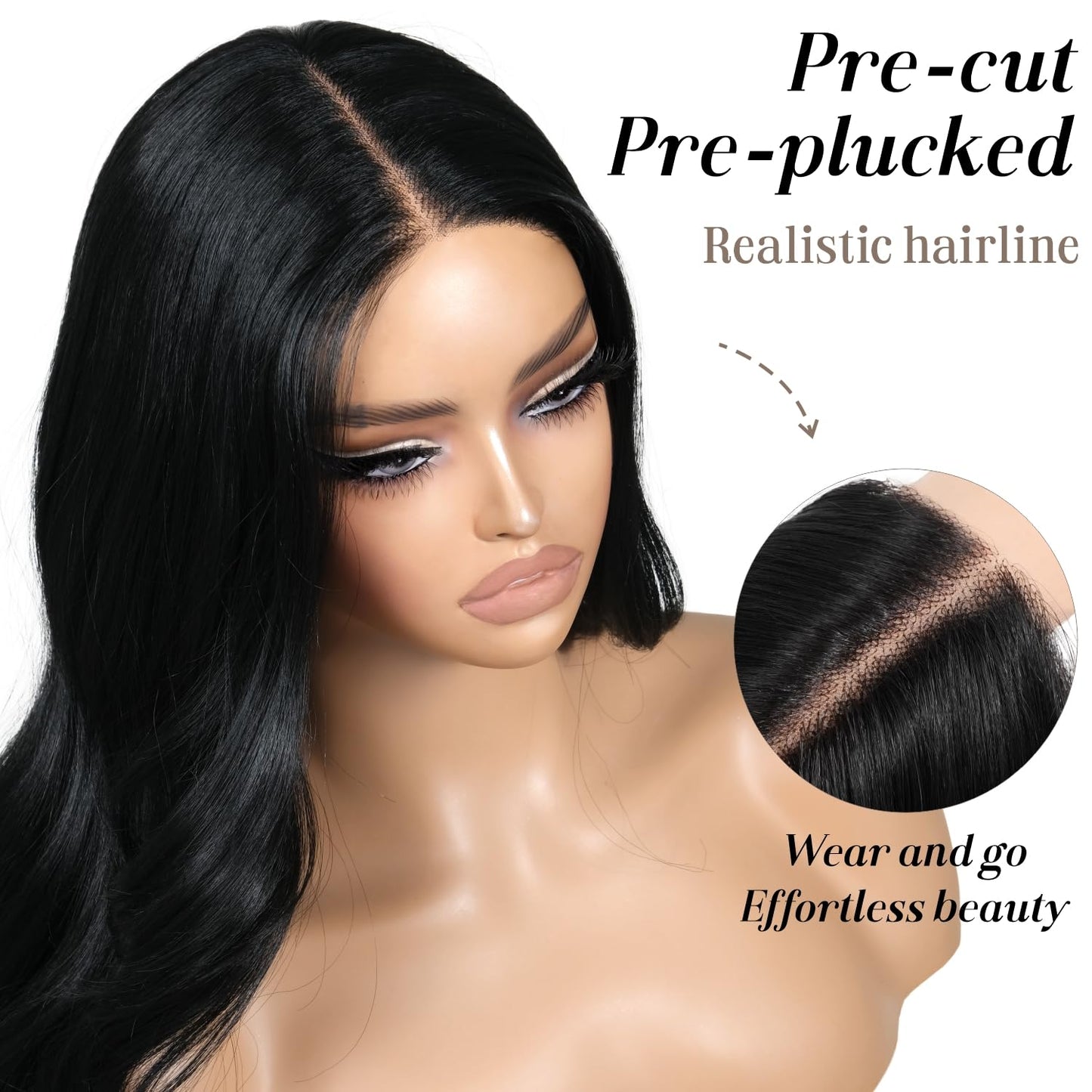 ENCOUNTERU Pre Cut Lace Glueless Wig Wear and Go Synthetic Lace Front Black Wig with Bangs Body Wave Wigs for Women Pre Plucked Ready to Wear Middle Part 26 Inch 13x5x1 HD Lace