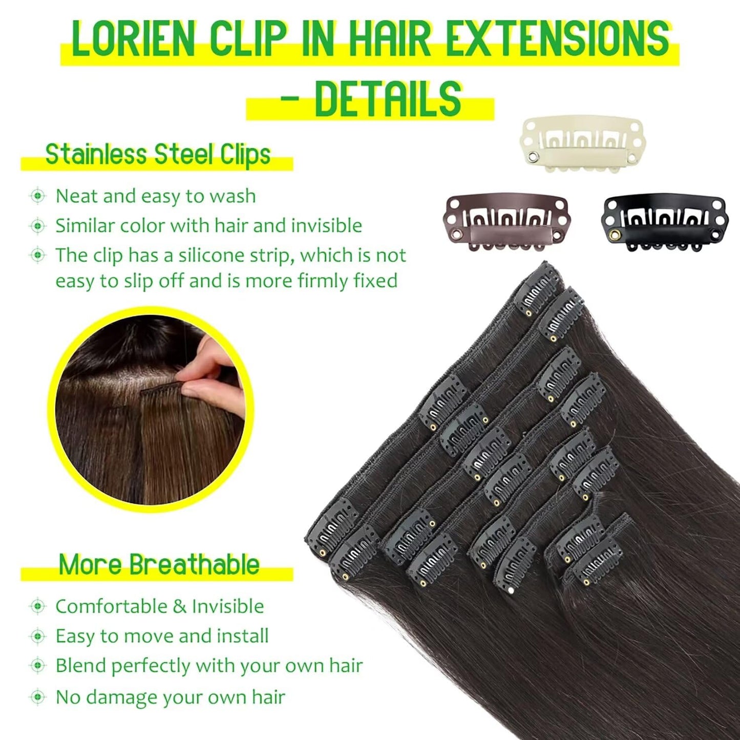 LORIEN Clip in Hair Extensions Real Human Hair, 22 Inch 110g, 1B Natural Black, Clip in 100% Brazilian Remy Human Hair Extensions 8pcs Per Set with 18 Clips Double Weft