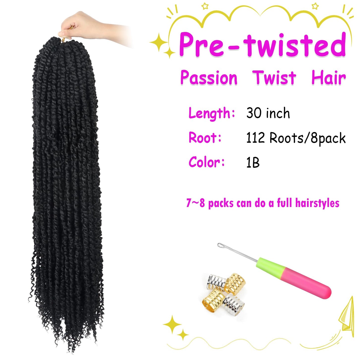 30 Inch Passion Twist Crochet Hair 8 Packs Long Passion Twist Hair Pre-Twisted, Pre Looped Ombre Passion Twists Crochet Passion Twist Hair Pretwisted Bohemian Crochet Hair 1B