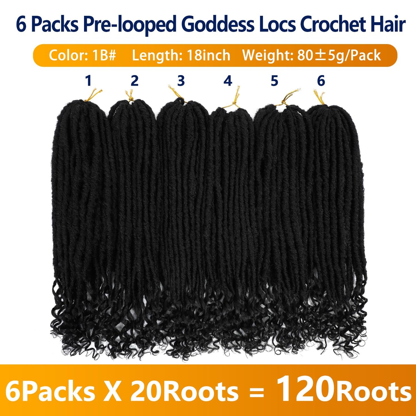 Goddess Locs Crochet Hair 6 Packs, 18 Inch Straight Faux Locs Crochet Braids, Pre-Looped Curly Soft Synthetic Braiding Hair Extensions for Black Women(18 Inch, 6 Packs, 1B#)