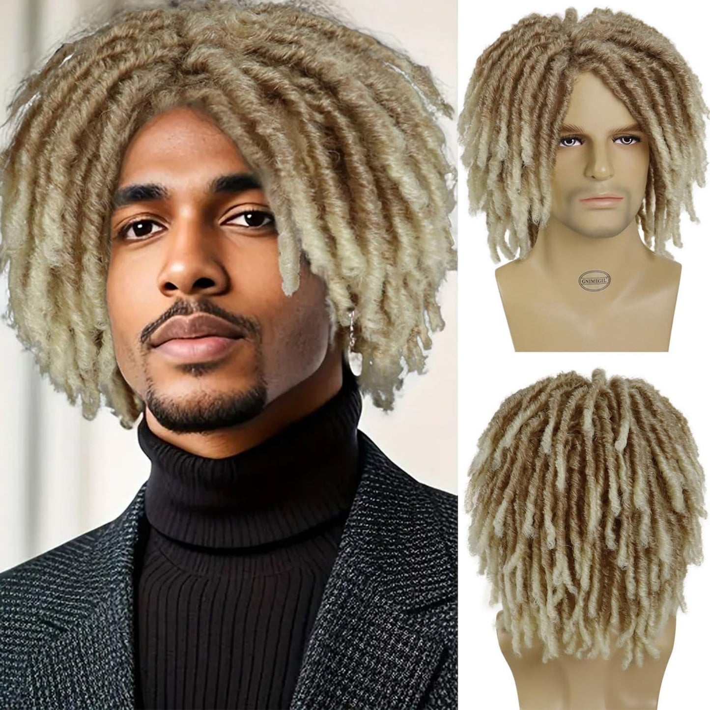 GNIMEGIL Synthetic Rasta Hair Mens Dreadlock Wigs Medium Length Colly Braided Wigs for Man Guys Fake Dreads Faux Loc Wig Ombre Blonde Wig
