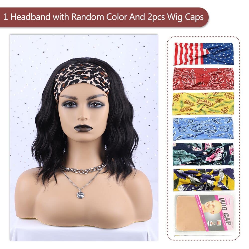 MORICA Headband Wig Short Wavy Wigs for Black Women Black Bob Wig Glueless Synthetic Shoulder Length Wigs 16 Inch Headwrap Wigs with Headband Attached