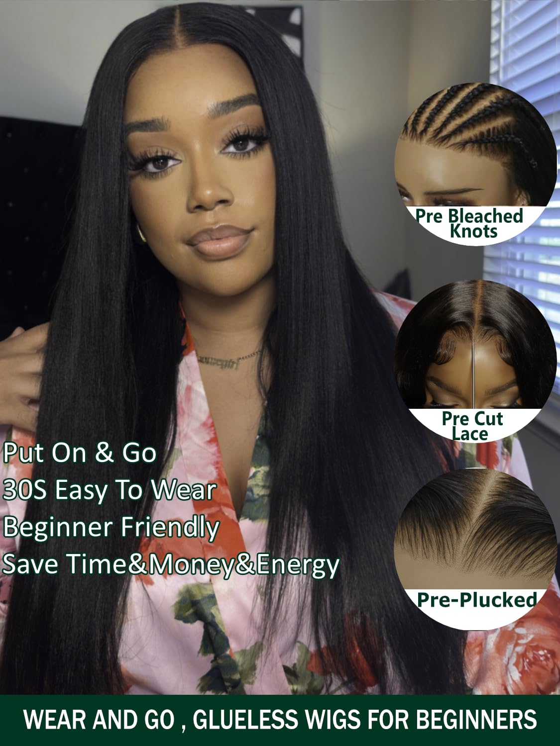KLAIYI Yaki Straight Bye Bye Knots Glueless Wig 7x5 Precut Lace Front Wigs Human Hair Put On and Go Wigs for Beginners Pre Bleached Pre Plucked Pre Everything 3S Easy to Ready to Wear Kinky Wig 26Inch