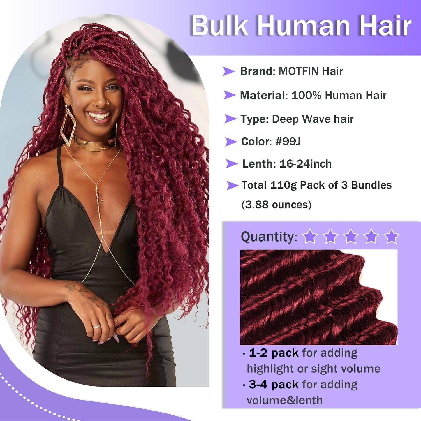 Human Braiding Hair for Boho Braids Human Hair 3 Bundles/Pack 110g 18 Inch Deep Wave Bulk Human Hair for Braiding Curly Knotless 12A Brazilian Virgin Burgundy