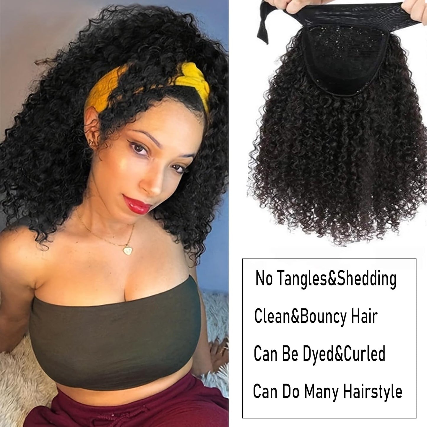 Headband Wig Human Hair Kinky Curly Headband Wigs for Black Women Human Hair Headband Wig Curly Human Hair Wigs Brazilian Virgin Hair Wear and Go Glueless Wig Natural Color 150% Density 14 Inch