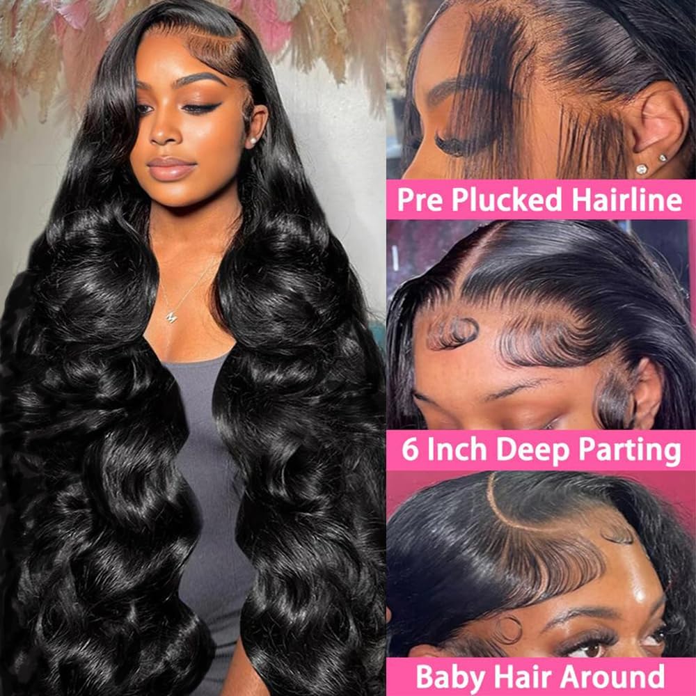 VIPPRETTY Synthetic Lace Front Wigs 30Inch 13x6 Body Wave Lace Frontal Wigs Human Hair Touch Vogue Highlight Technology Premium Fiber & Human Hair Nature Black Wig