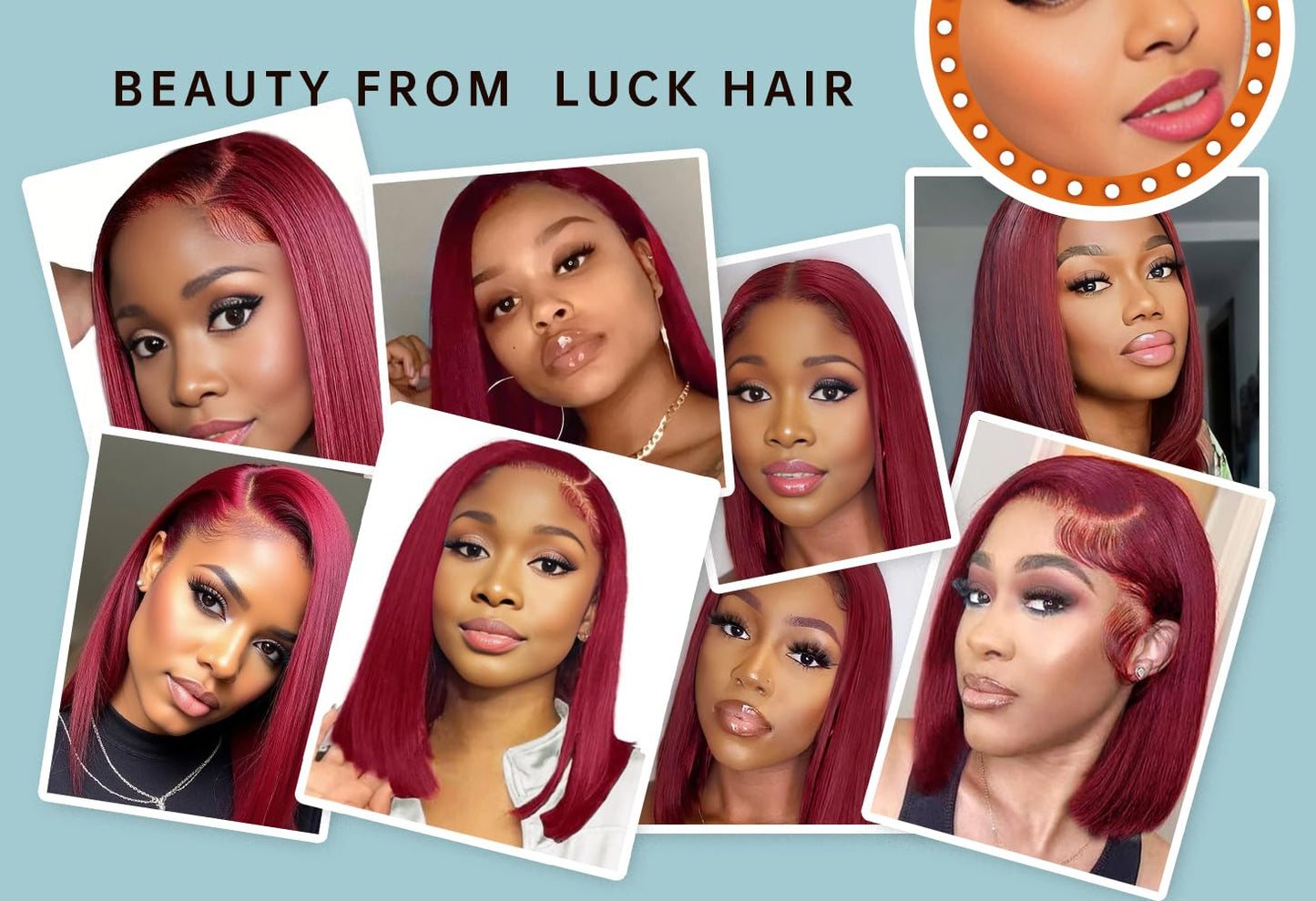 LUCK HAIR 99J Burgundy Straight Human Hair Wig 13x4 HD Lace Front Wigs Human Hair Glueless Hair Short Bob Human Hair Suitable for women Straight wigs 14 Inch