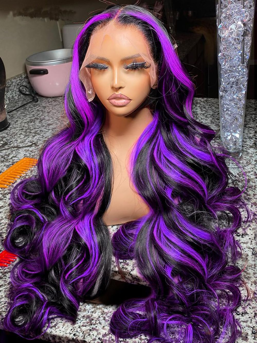 SISIFIRE Purple Highlight Lace Front Wig Pre-plucked Hairline Synthetic Heat Resistant Fiber Lace Front Wigs for Women Glueless 13X4 Inch Long Loose Curly Wavy Wigs
