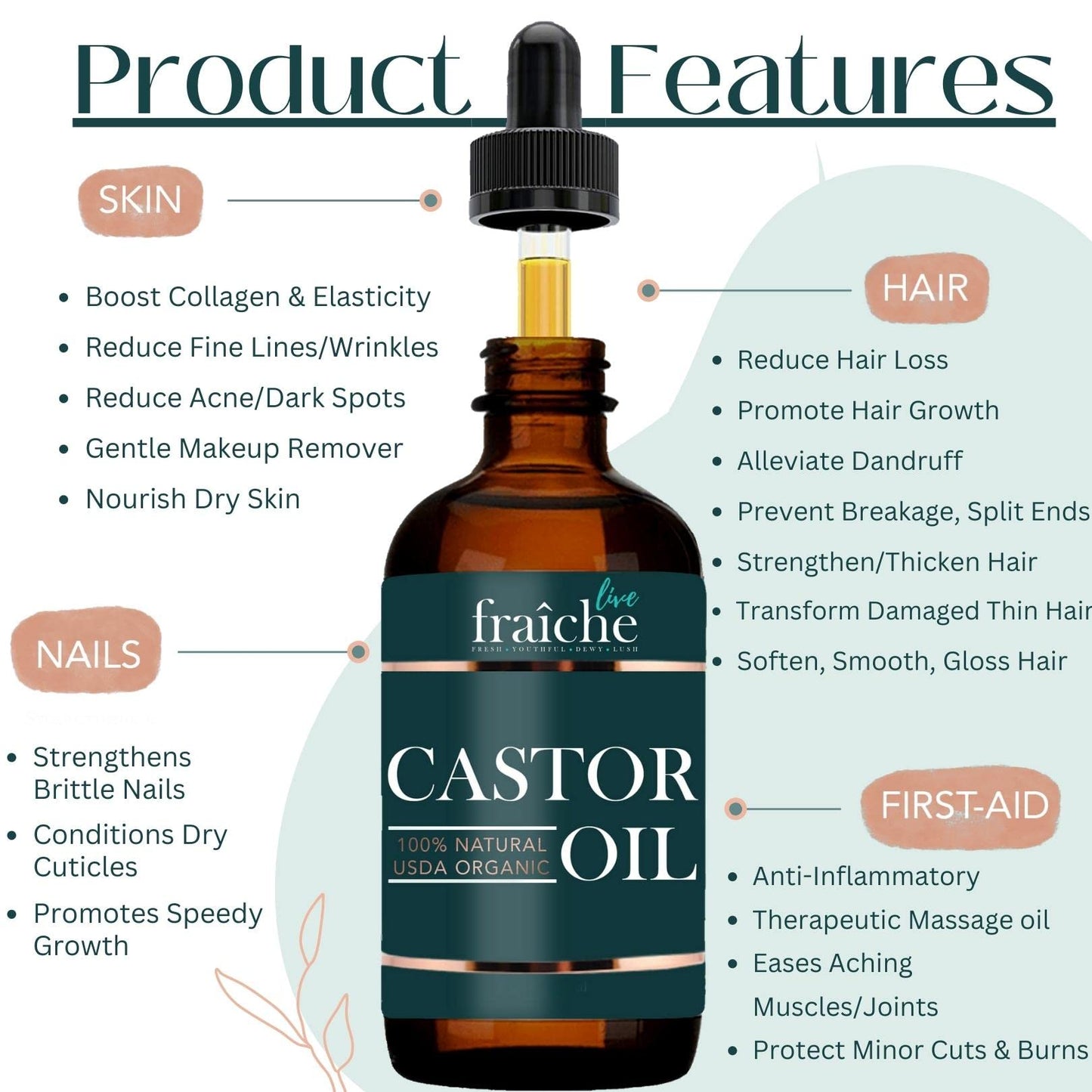 Live Fraiche Organic Castor Oil (4oz) + Filled Mascara Tube, 100% USDA Pure, Cold Pressed, Hexane Free Lash Serum Hair Growth Oil for Eyelashes, Eyebrows, Hair - Brow and Hair Treatment Oil