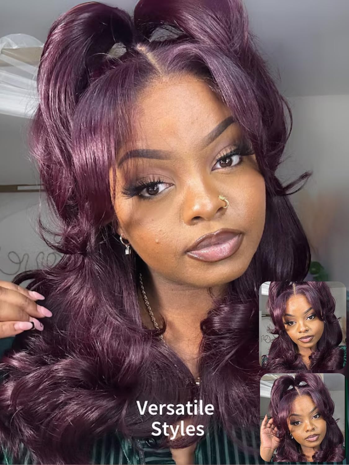 KLAIYI Black Cherry Layered Straight 13x4 Precut Lace Front Wigs Human Hair Bye Bye Knots Glueless Ready to Wear and Go Wig Drawstring Pre Plucked Bleached Dark Burgundy Wine Red Pre Everything 26Inch