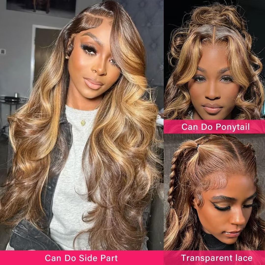 Yeeaak 32Inch Highlight Ombre Lace Front Wigs Human Hair 13x6 4/27 Highligt Body Wave Frontal Wig HD Transparent Lace Pre Plucked with Baby Hair 180% Density Glueless Honey Blonde Wig for Women