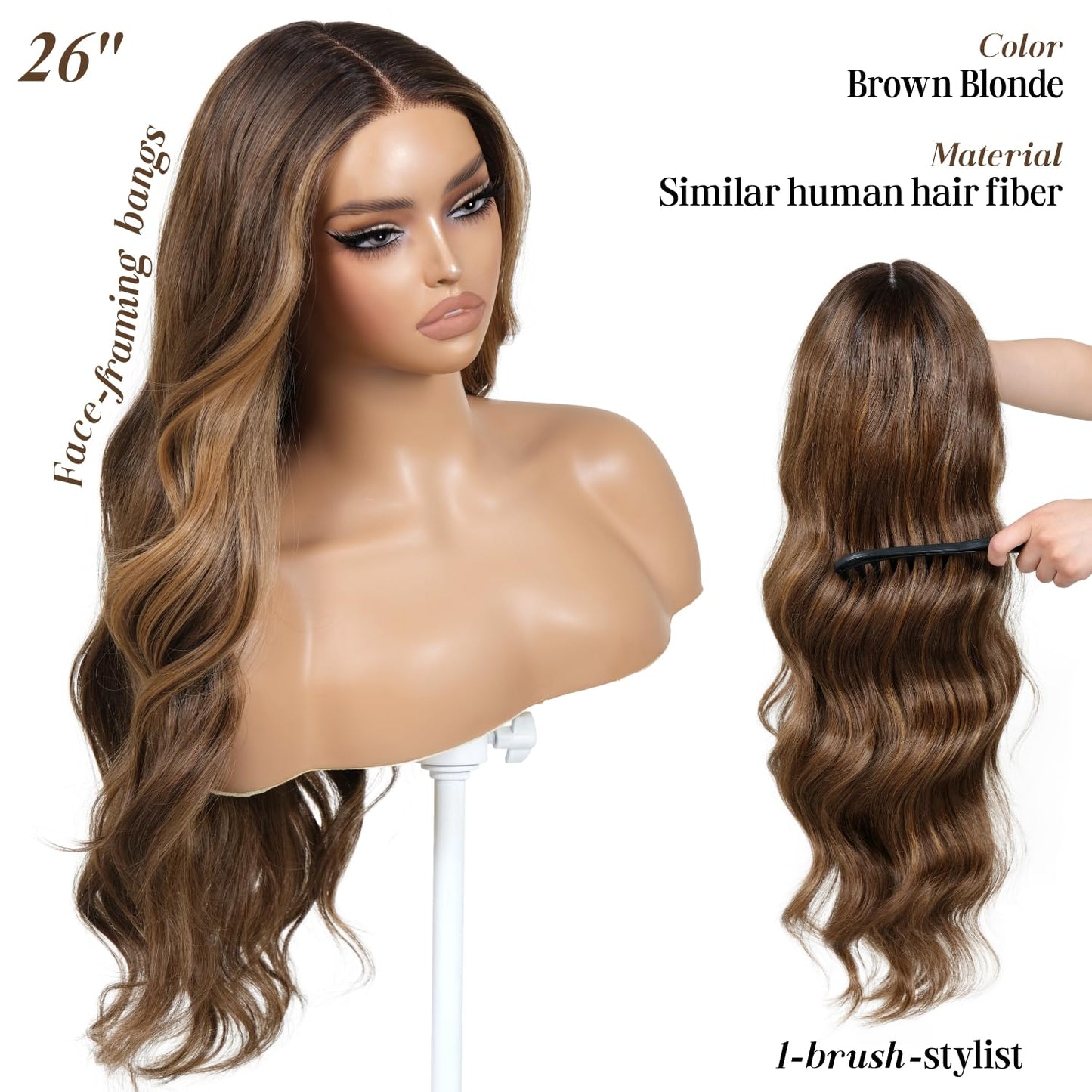 ENCOUNTERU Pre Cut Lace Glueless Wig Wear and Go Synthetic Lace Front Wigs for Women Brown and Blonde Highlight Body Wave Wig with Bangs Pre Plucked Ready to Wear Middle Part 26 Inch