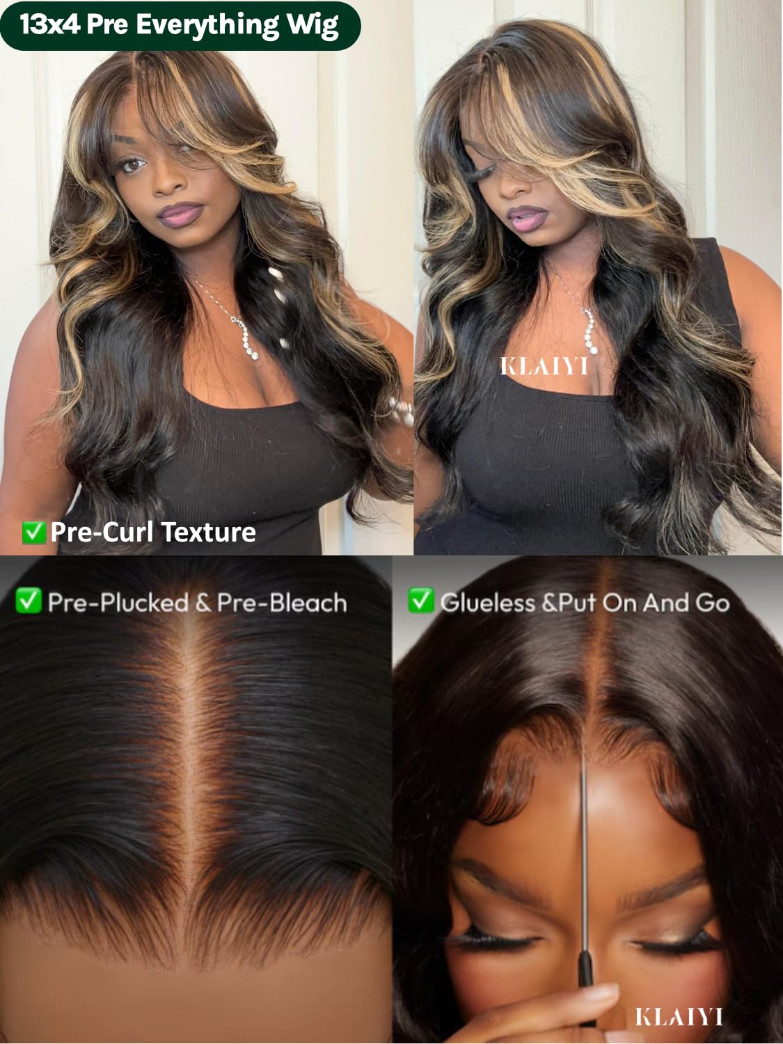 KLAIYI Bye Bye Knots Glueless Wig Human Hair 13x4 Balayage Highlight 3D Body Wave Precut Lace Front Wig with Baby Hair Black Mix Blonde Brown Pre Plucked Pre Bleached Knots Wig 30S Easy to Wear 26Inch