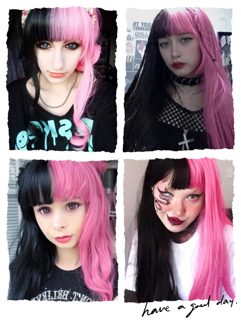 Beweig Half Pink Half Black Wavy Wigs Long Curly Wavy Split Synthetic Wig with Bangs Halloween Cosplay Wigs for Women