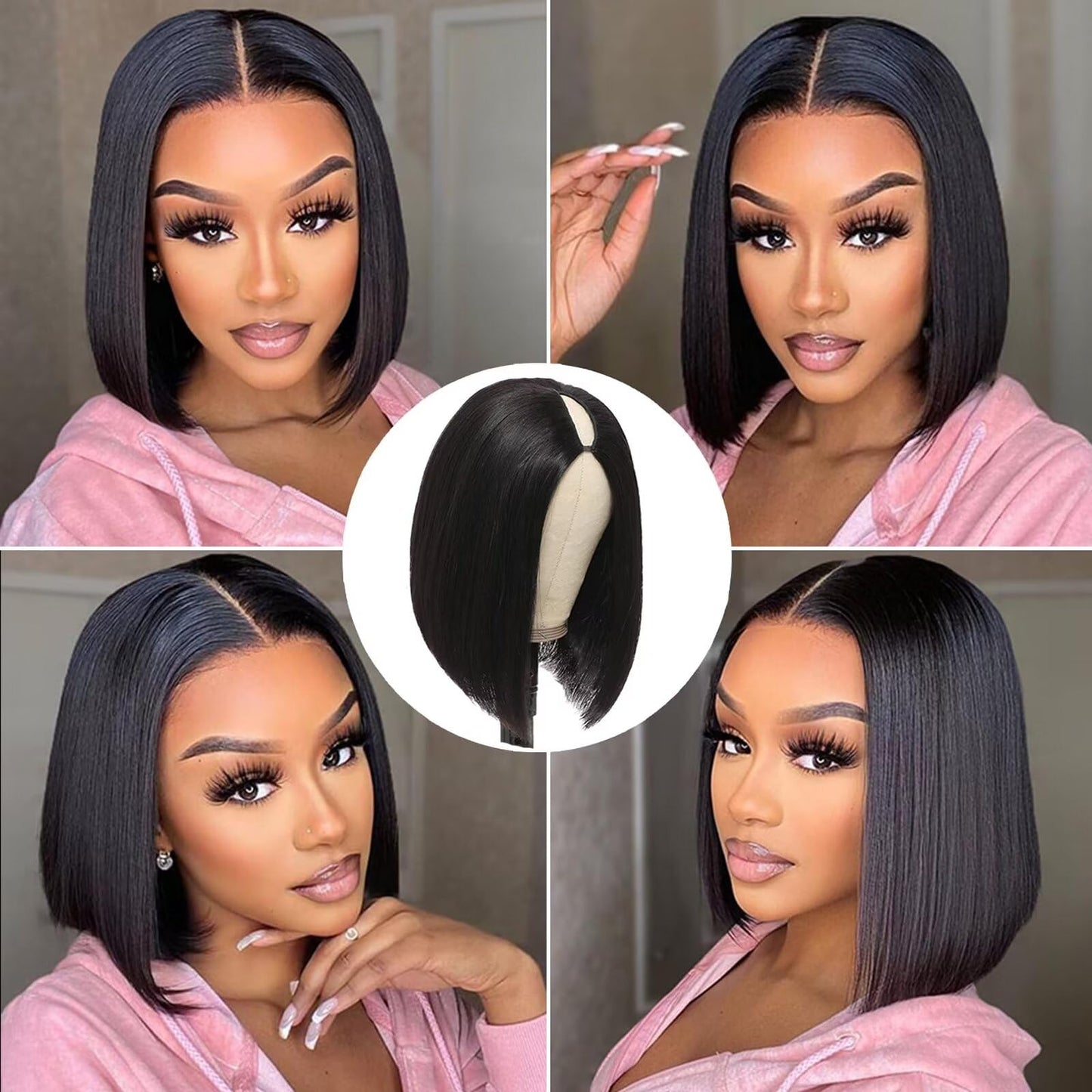 Atikual V Part Wig Human Hair Straight Bob Wigs For Black Women 14inch Brazilian Remy Hair Short Bob Human Hair Wigs Clip in U Part Wig Human Hair Extensions Natural Black Color