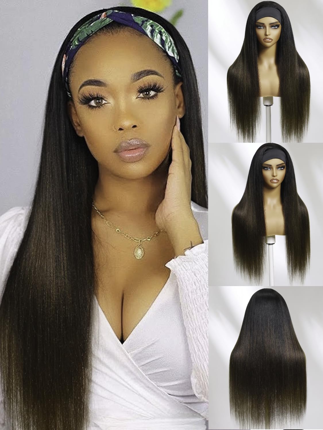 KLAIYI Ombre Brown Yaki Straight Headband Wig Human Hair Glueless Wear and Go Wig with Dark Roots Drawstring Chestnut Kinky Clip In Half Wigs for Black Women No Lace No Glue 30S Ready to Wear 26Inch