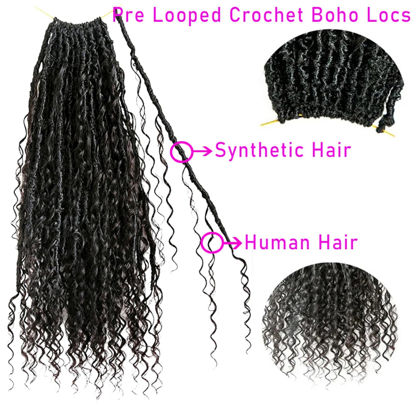 Boho Locs Crochet Braids Pre Looped With Human Hair Extensions Curly Ends Deep Wave Goddess Soft Locs Box Knotless Braids Hair Synthetic Dreadlocks Braiding for Women CHARMING YOU 26 Inch 24Strands