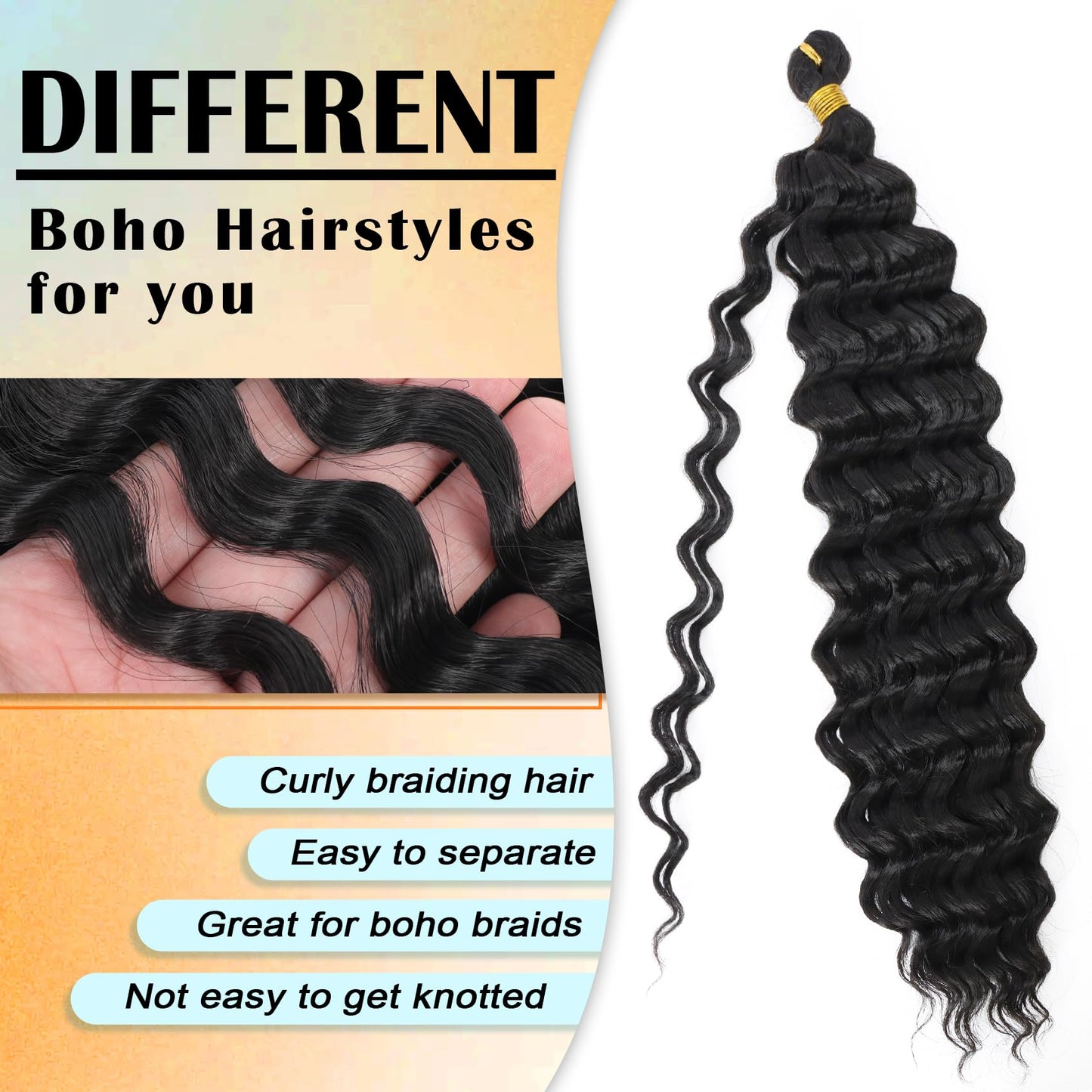 Eerya Long Curly Braiding Hair 18 Inch 2 Packs Ocean Wave Crochet Hair for Black Women Deep Wave Braiding Hair for Boho Braids(18 inch, 1B)