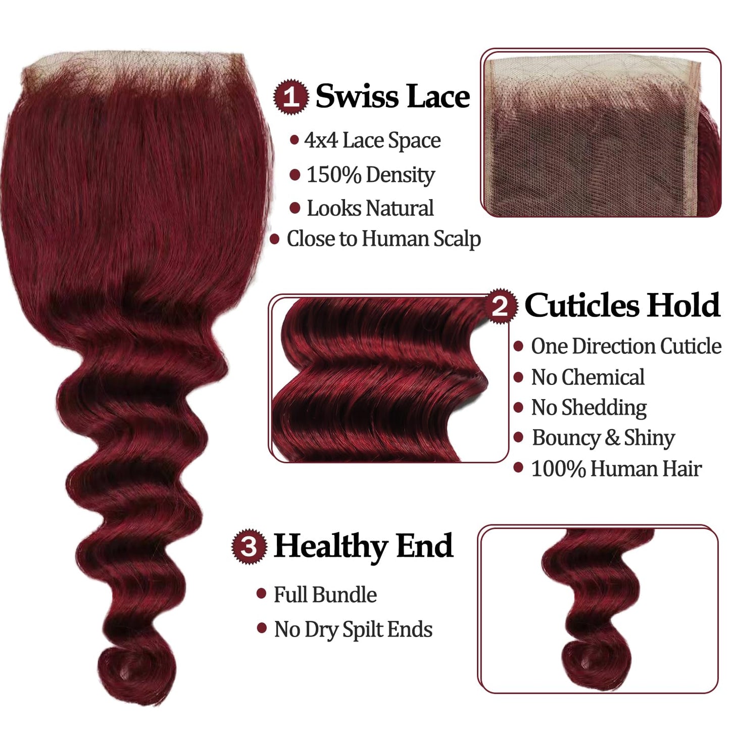 10A Brazilian Bundles and Closure Human Hair Loose Deep Wave Hd Lace Closure with Bundles 12 14 16+12inch, 99j Burgundy Red Wet and Wavy Bundle with Closure Raw Weave Bundles Human Hair with Closure