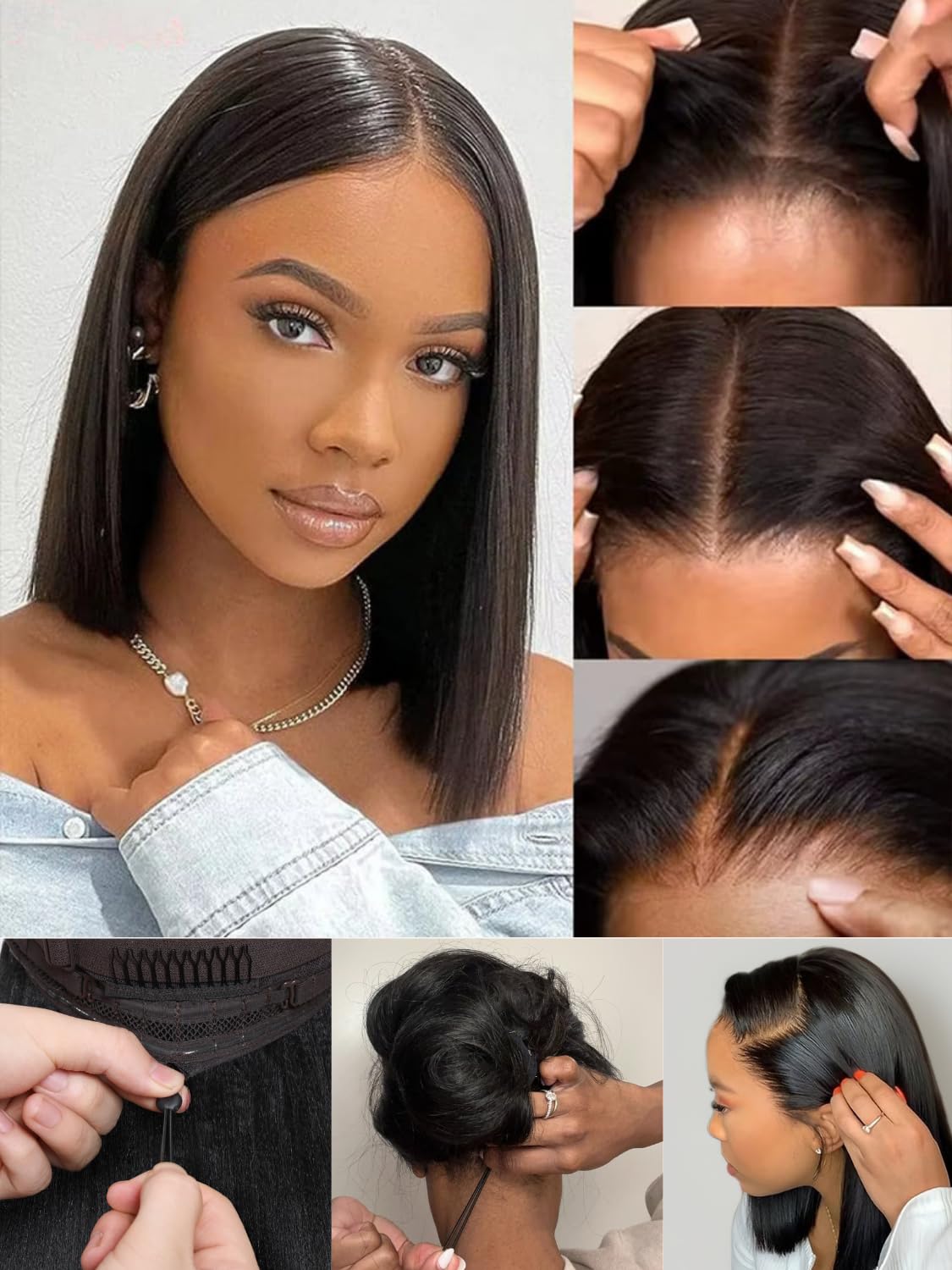 Nadula Bye Bye Knots Glueless Straight Bob Drawstring Wig Human Hair Pre Plucked, Pre Cut 7x5 HD Lace Front Wigs Invisible Bleached Knots Ready to Wear Pre Everything Short Bob Wig 150% Density 14inch