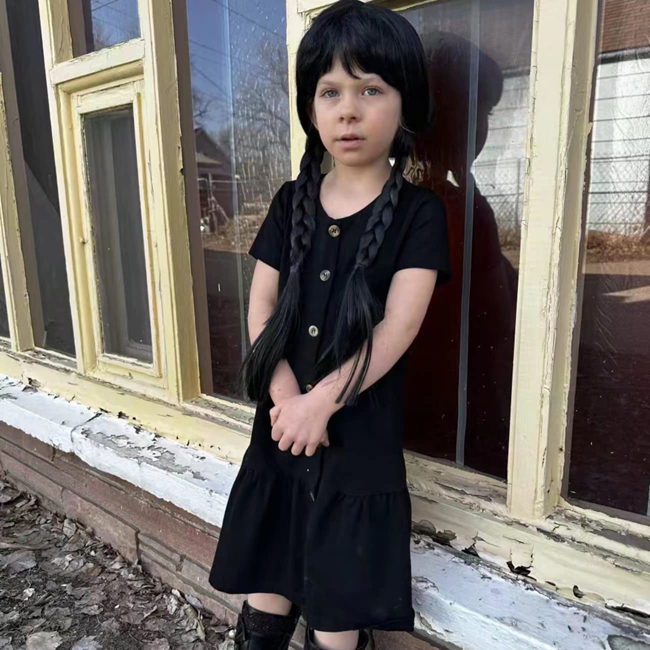 WanBigVa Long Black Braided Wig with Bang for Kids Girls Gothic Party Cosplay Hair for Halloween Costume Dress-up