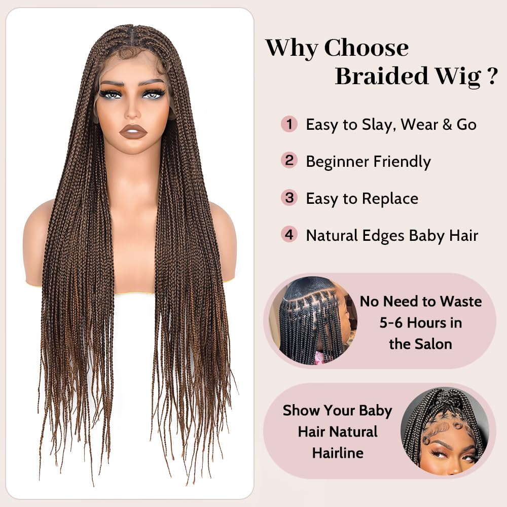 Suntefic Box Braided Wigs for Black Women Glueless Box Braids Wig with Baby Hair Double Full Lace Front Braid Wig Human Hair Blended Braided Wigs Box-1BT30